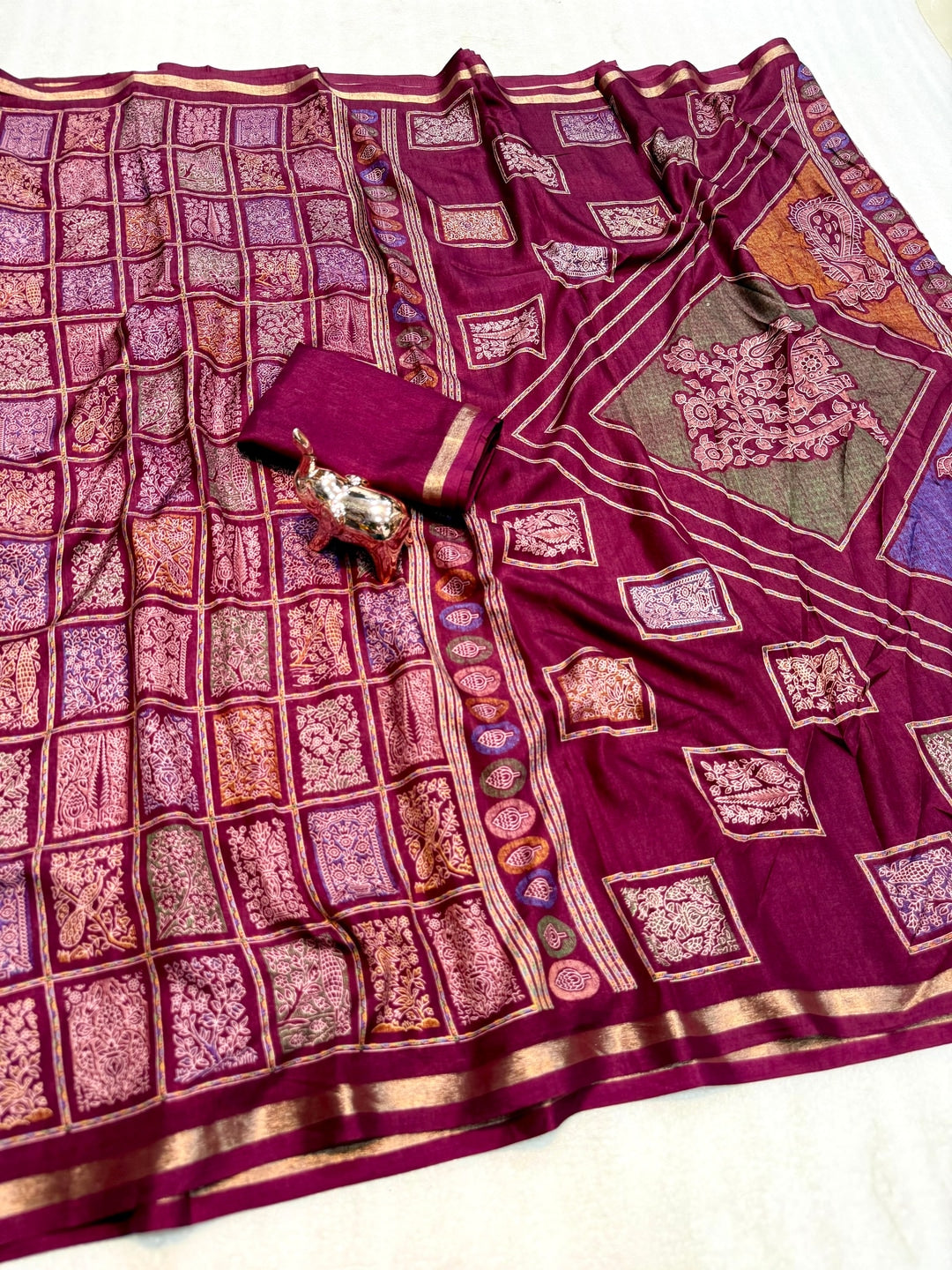 Peachmode Wine Heritage Patchwork Printed Tussar Silk Saree With Zari Border - Image 2