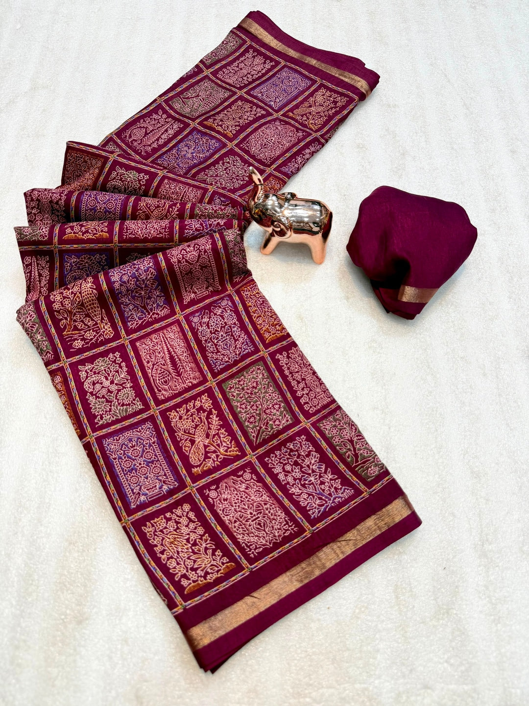 Peachmode Wine Heritage Patchwork Printed Tussar Silk Saree With Zari Border - Image 3