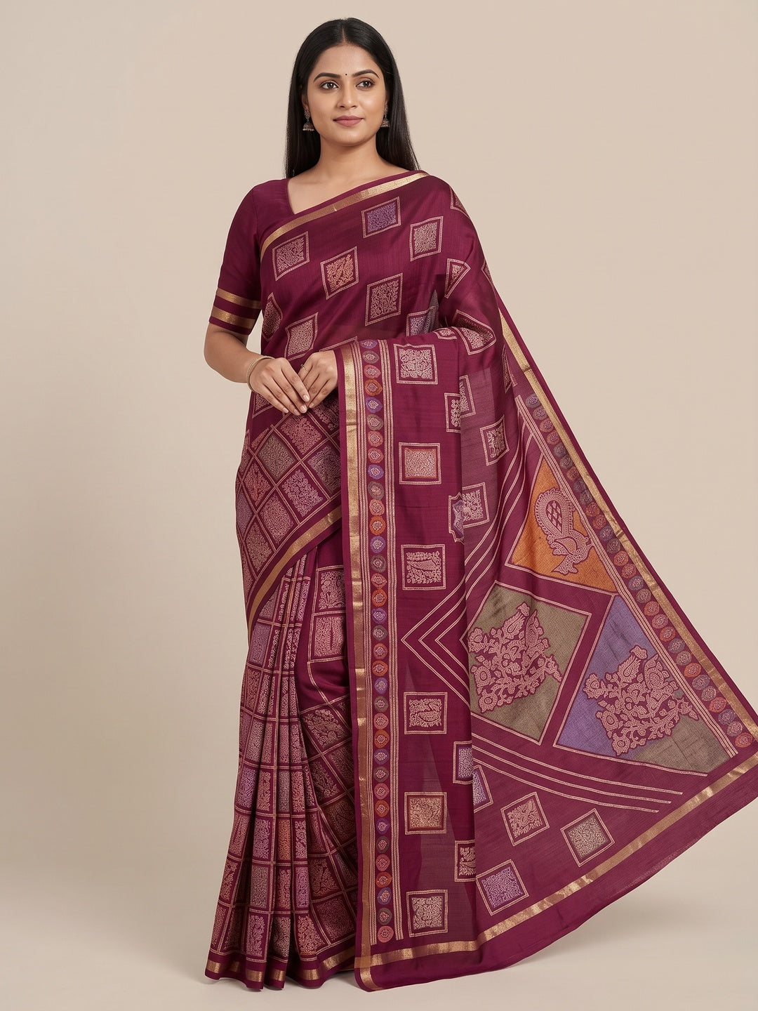 Peachmode Wine Heritage Patchwork Printed Tussar Silk Saree With Zari Border - Image 1