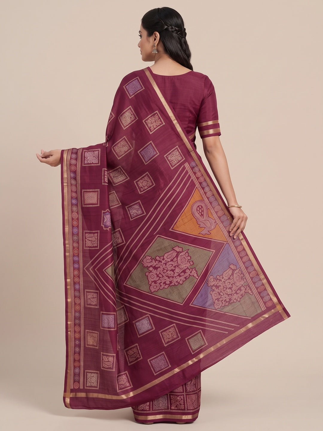 Peachmode Wine Heritage Patchwork Printed Tussar Silk Saree With Zari Border - Image 5