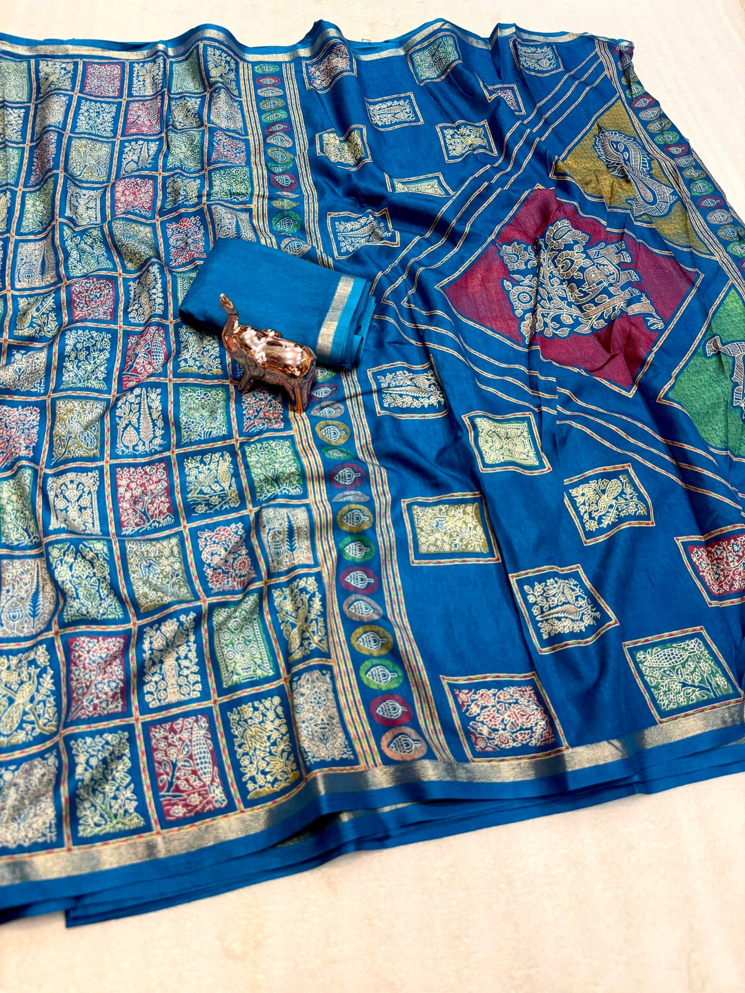 Peachmode Teal Blue Heritage Patchwork Printed Tussar Silk Saree With Zari Border - Image 2