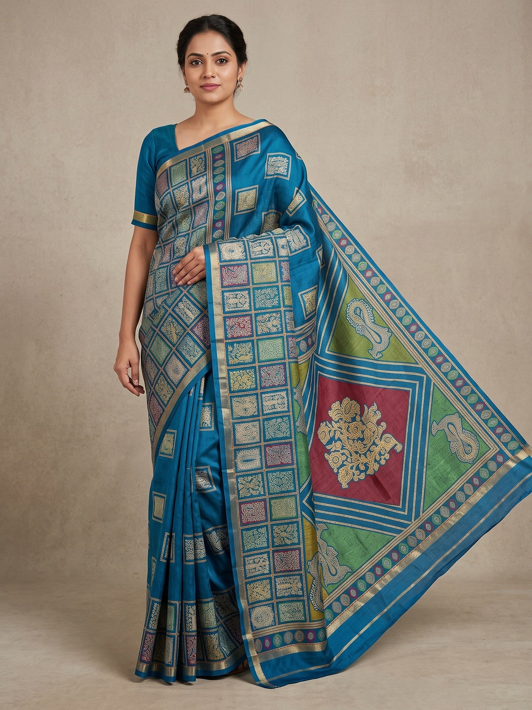 Peachmode Teal Blue Heritage Patchwork Printed Tussar Silk Saree With Zari Border - Image 1
