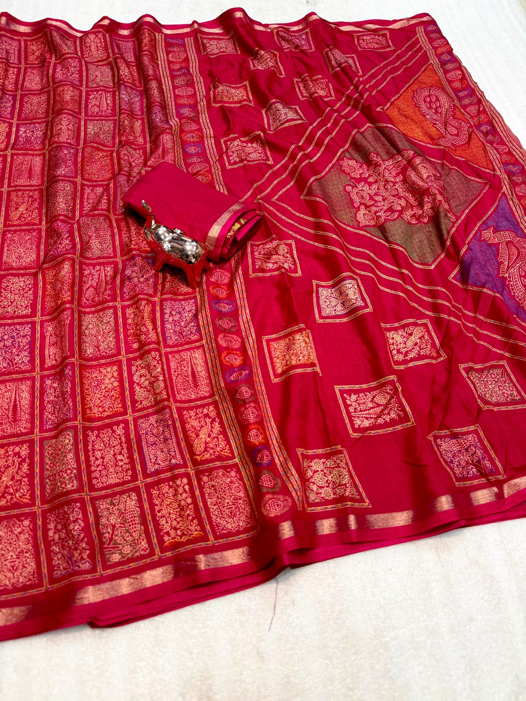 Peachmode Red Heritage Patchwork Printed Tussar Silk Saree With Zari Border - Image 2