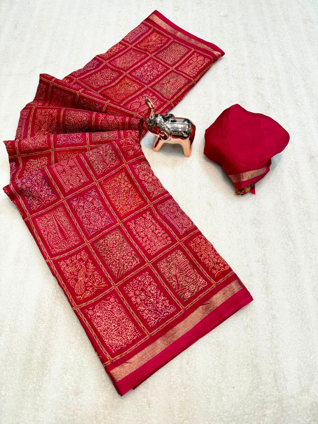 Peachmode Red Heritage Patchwork Printed Tussar Silk Saree With Zari Border - Image 3