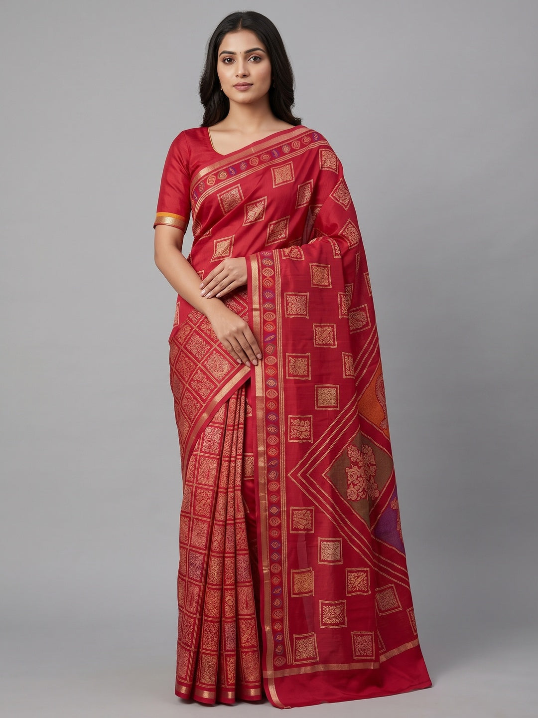 Peachmode Red Heritage Patchwork Printed Tussar Silk Saree With Zari Border - Image 1