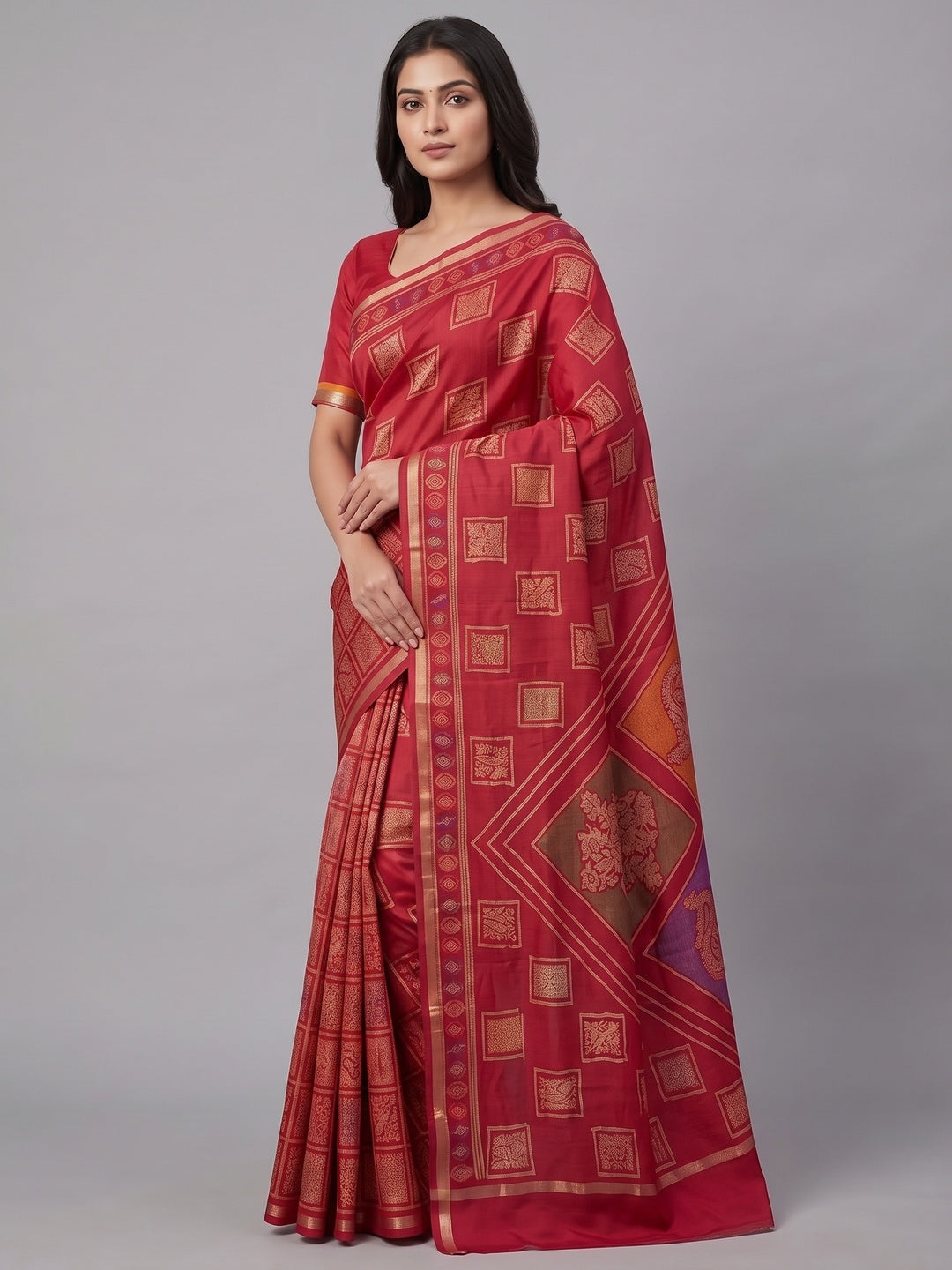 Peachmode Red Heritage Patchwork Printed Tussar Silk Saree With Zari Border - Image 4