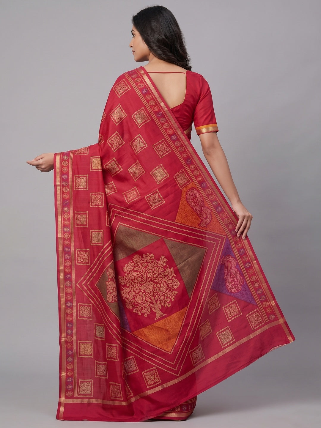 Peachmode Red Heritage Patchwork Printed Tussar Silk Saree With Zari Border - Image 5