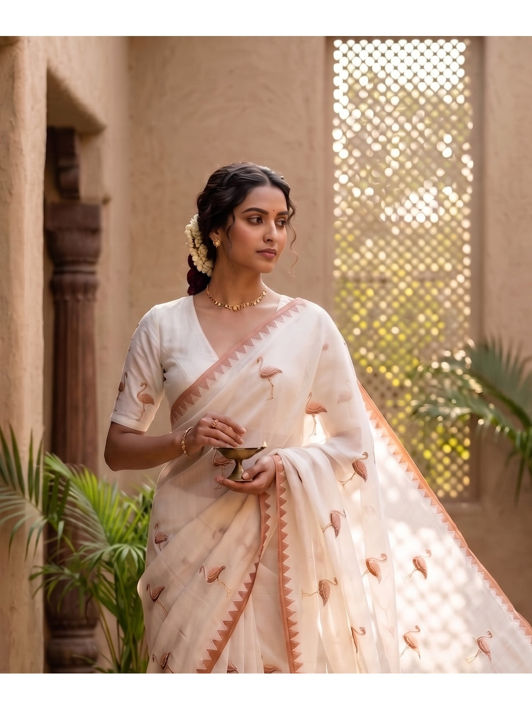 Peachmode Ivory Brown Bird Thread Work Linen Saree With Temple Edging - Image 1