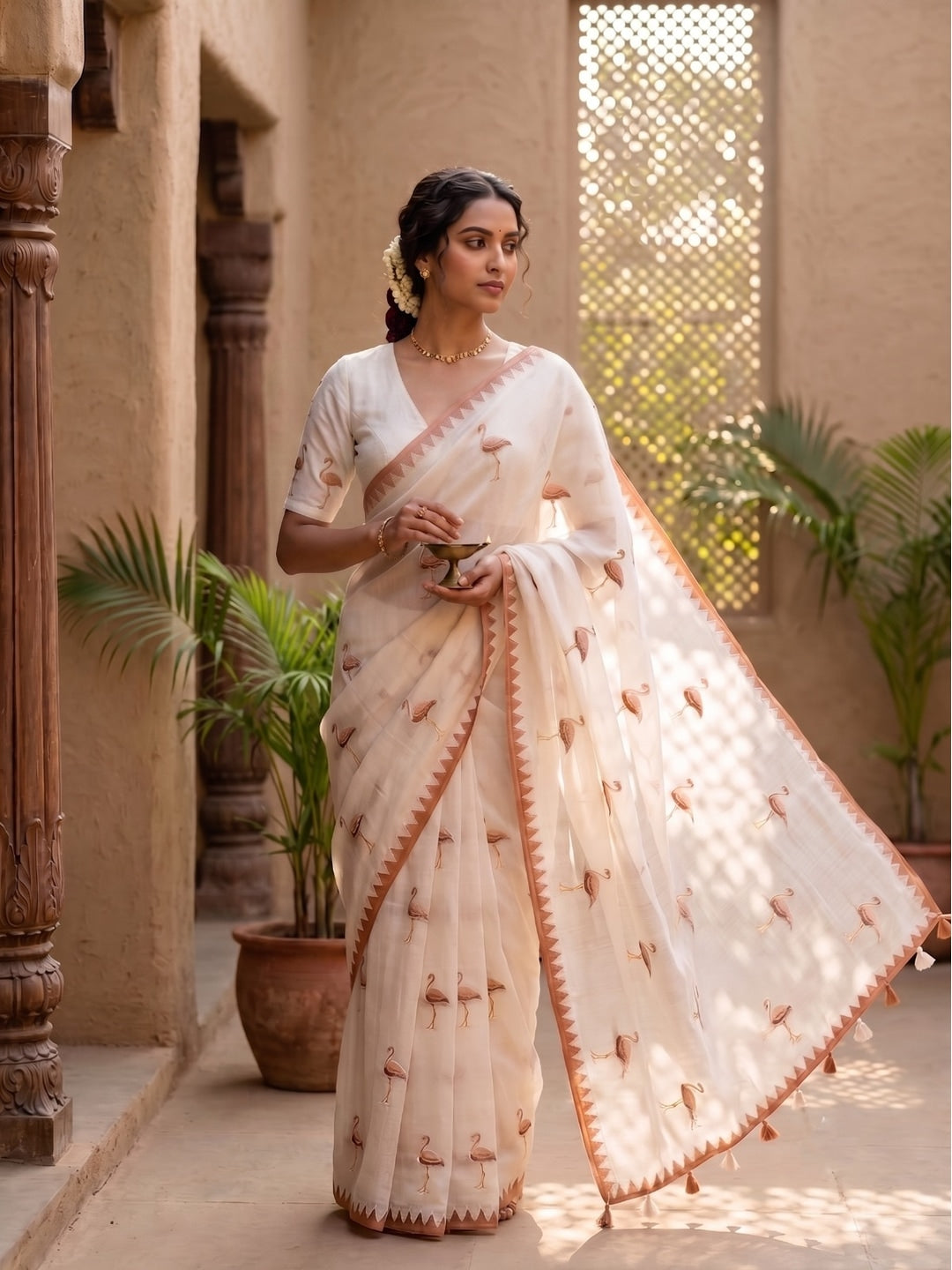 Peachmode Ivory Brown Bird Thread Work Linen Saree With Temple Edging - Image 2