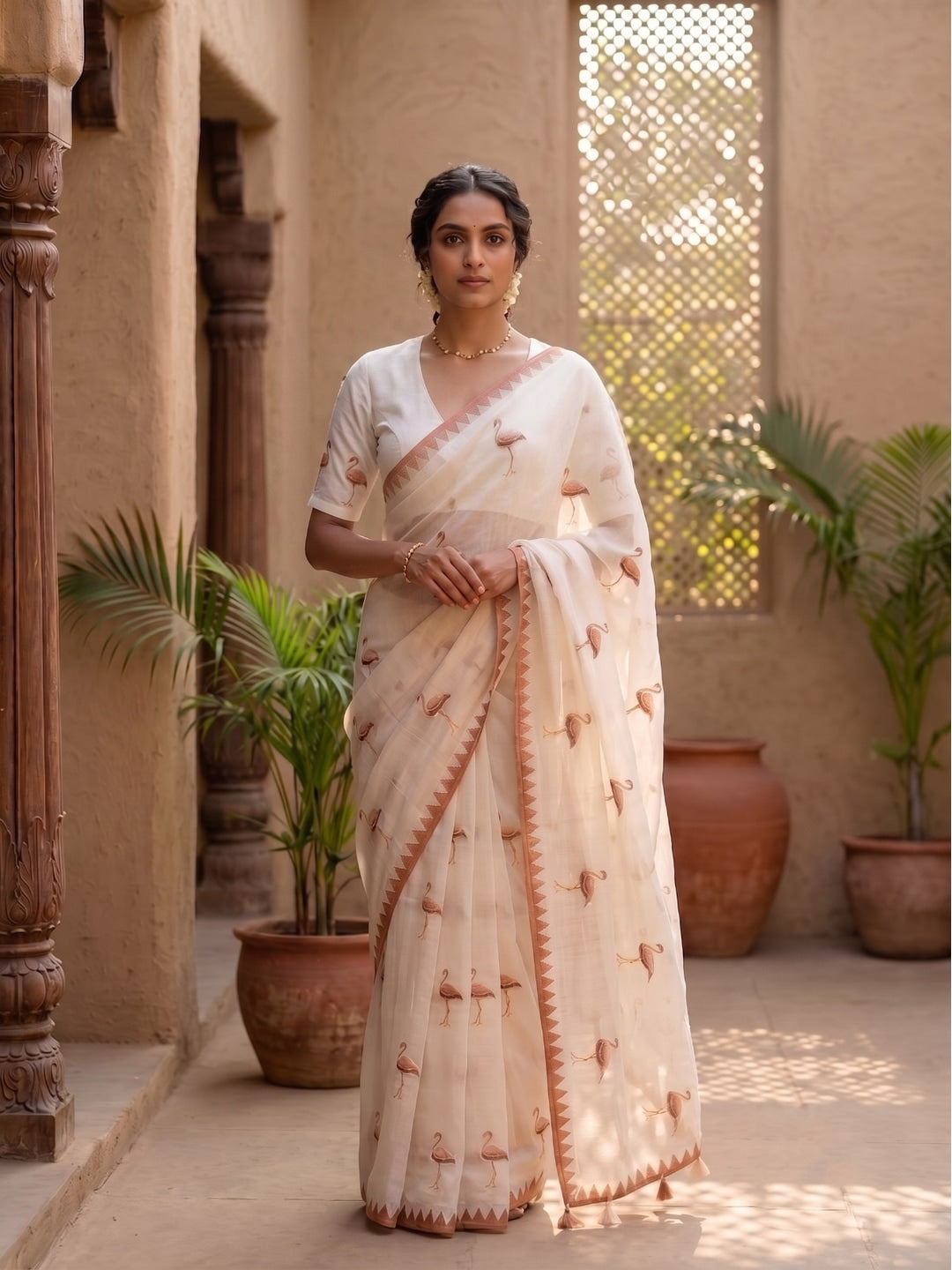 Peachmode Ivory Brown Bird Thread Work Linen Saree With Temple Edging - Image 3