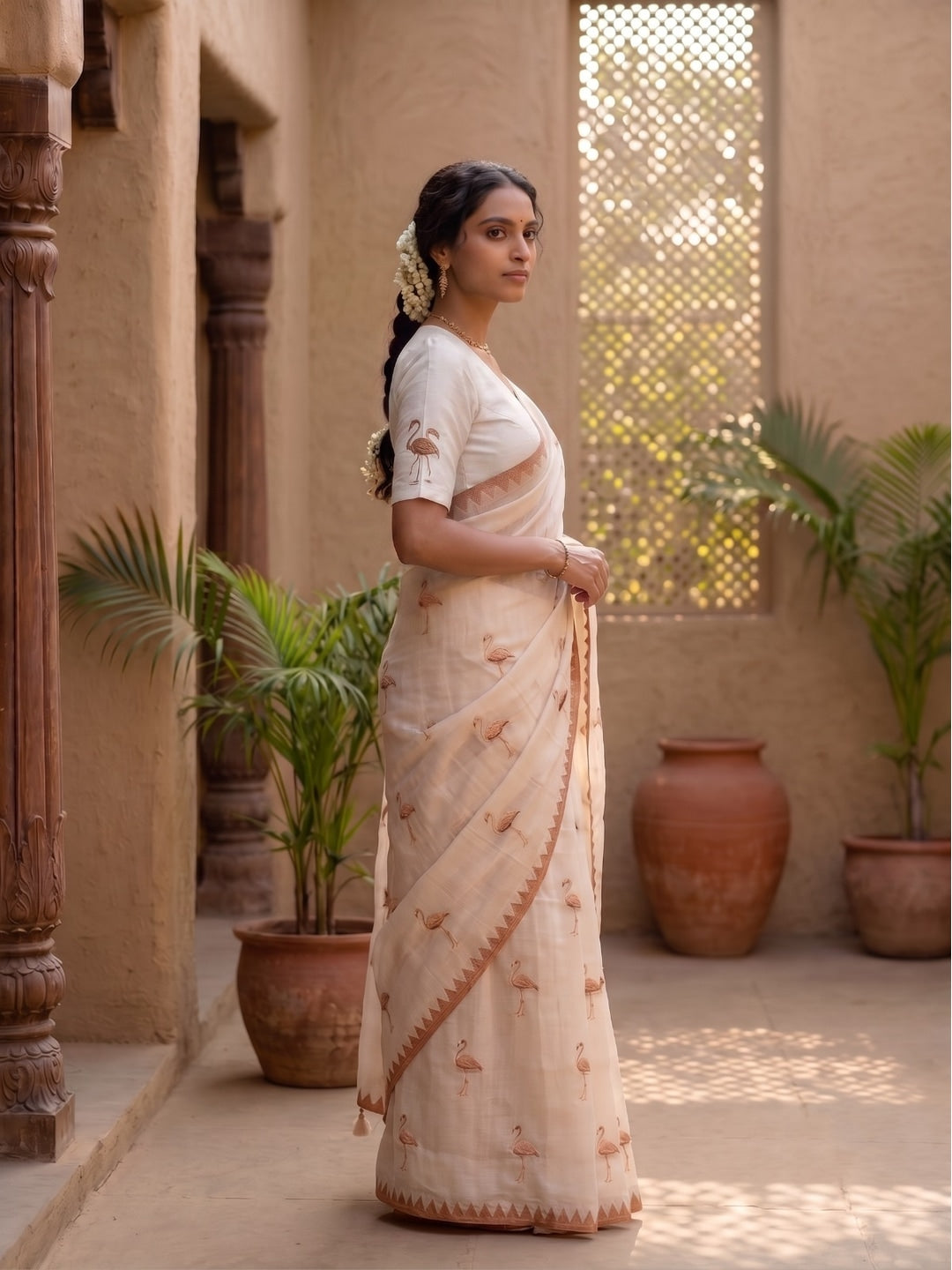 Peachmode Ivory Brown Bird Thread Work Linen Saree With Temple Edging - Image 4