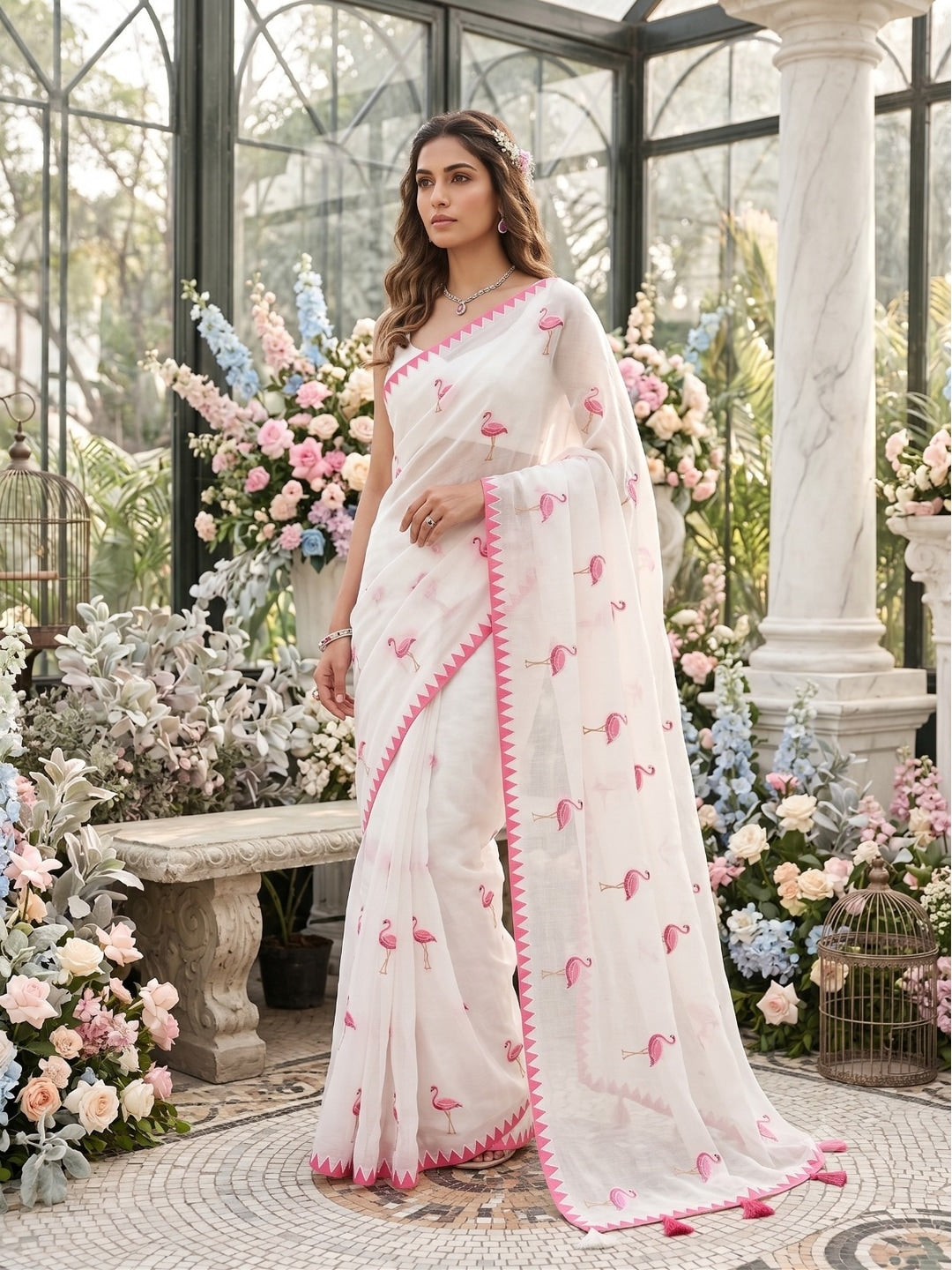 Peachmode Ivory Pink Flamingo Thread Work Linen Saree With Temple Edging - Image 1