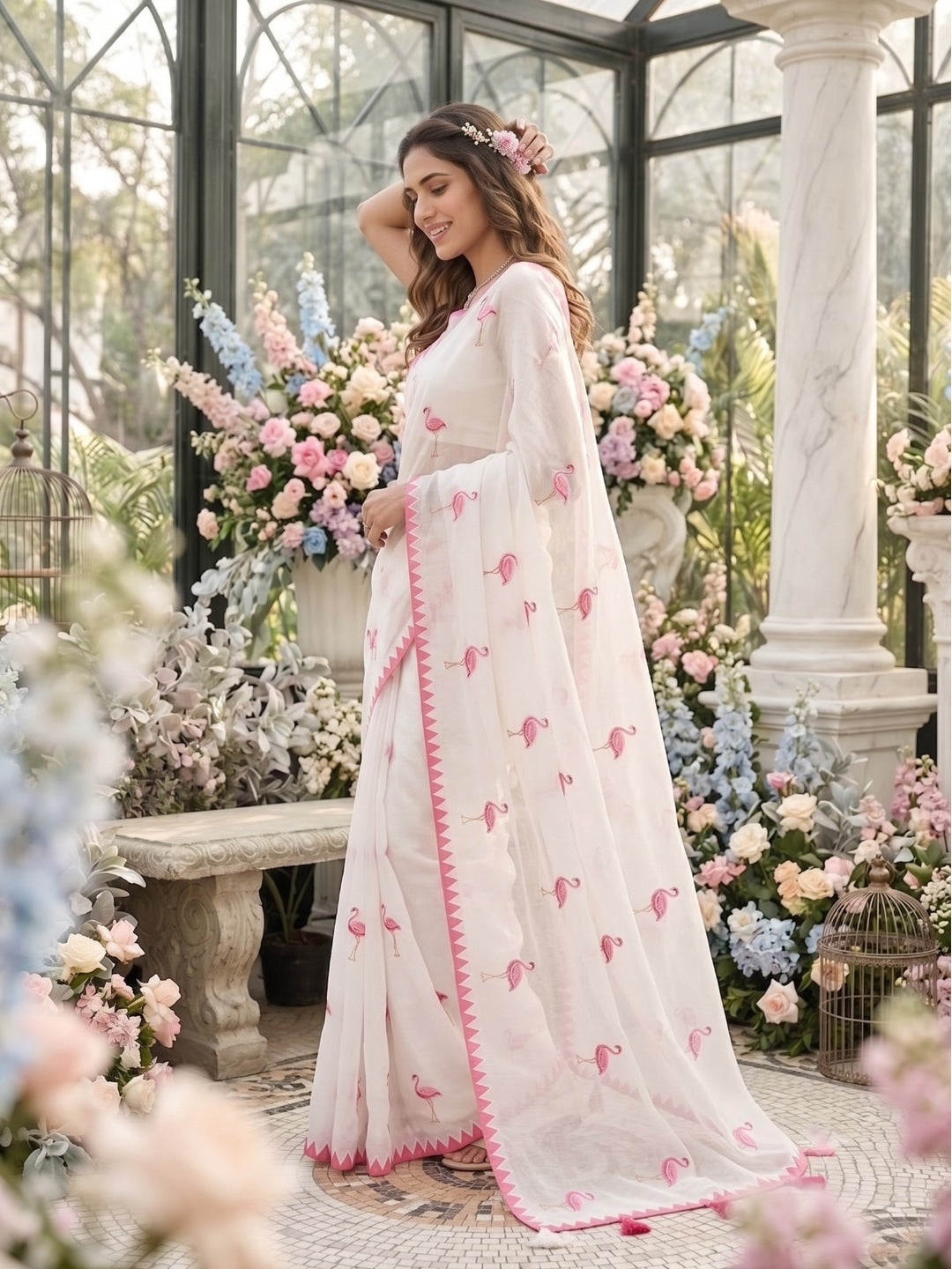 Peachmode Ivory Pink Flamingo Thread Work Linen Saree With Temple Edging - Image 3