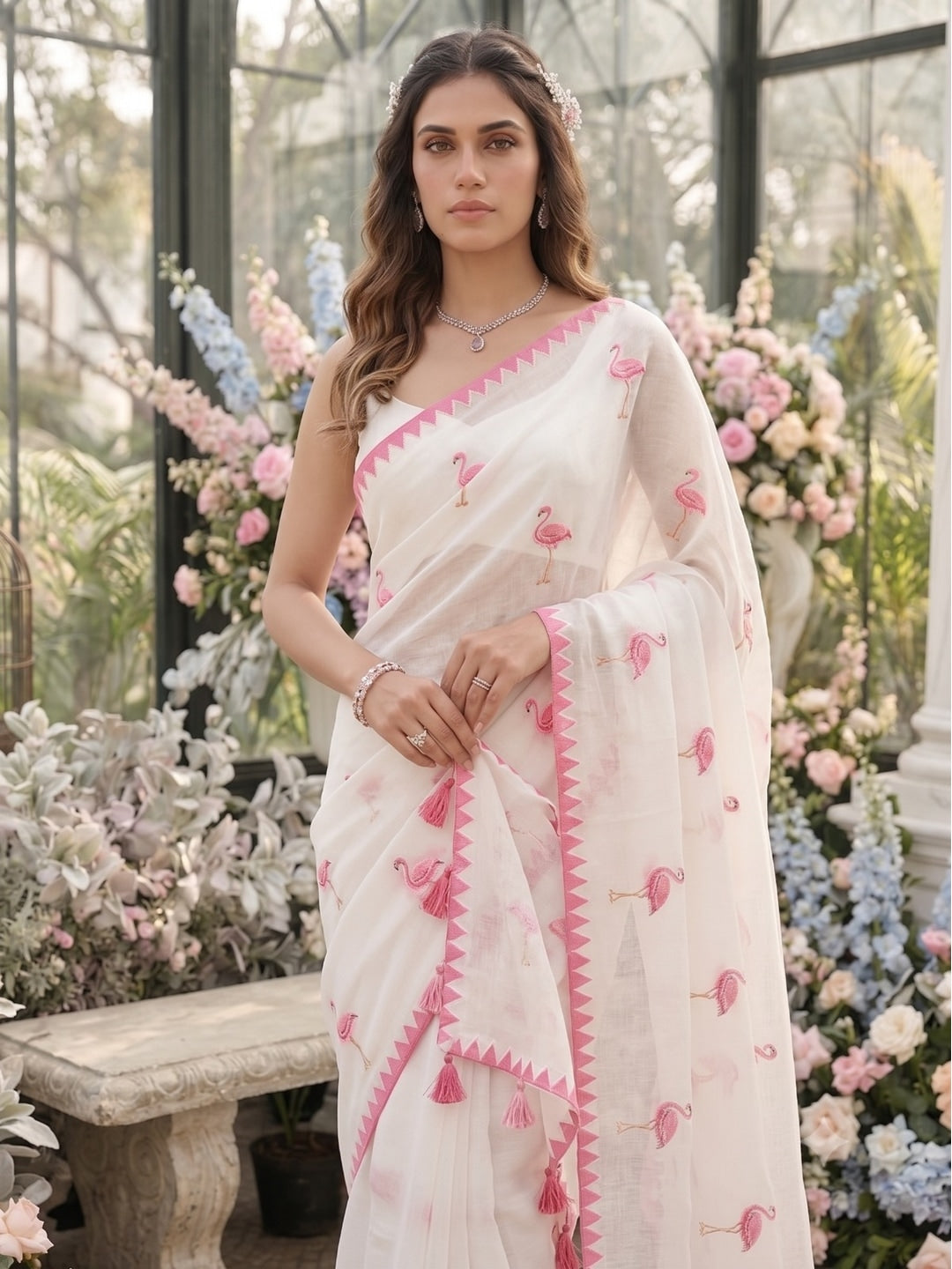 Peachmode Ivory Pink Flamingo Thread Work Linen Saree With Temple Edging - Image 4