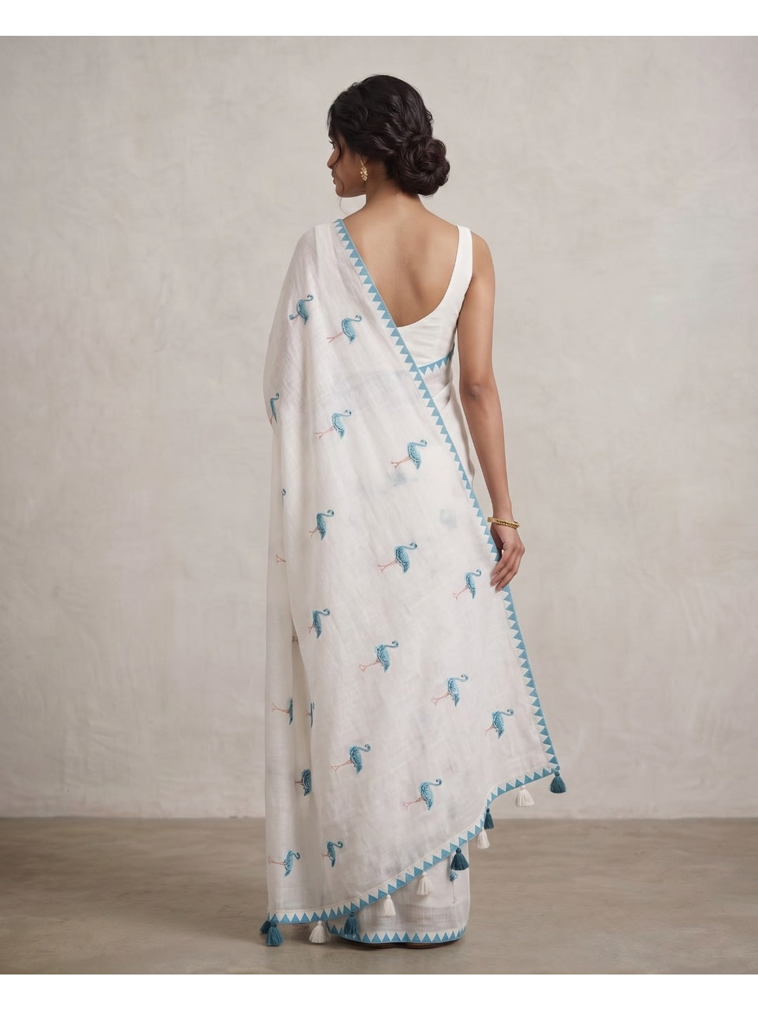 Peachmode Ivory Teal Blue Peacock Thread Work Linen Saree With Temple Edging - Image 2