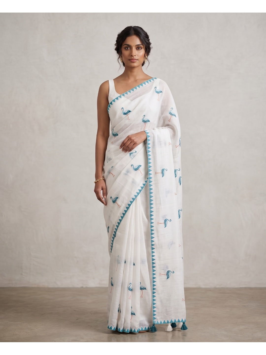 Peachmode Ivory Teal Blue Peacock Thread Work Linen Saree With Temple Edging - Image 3