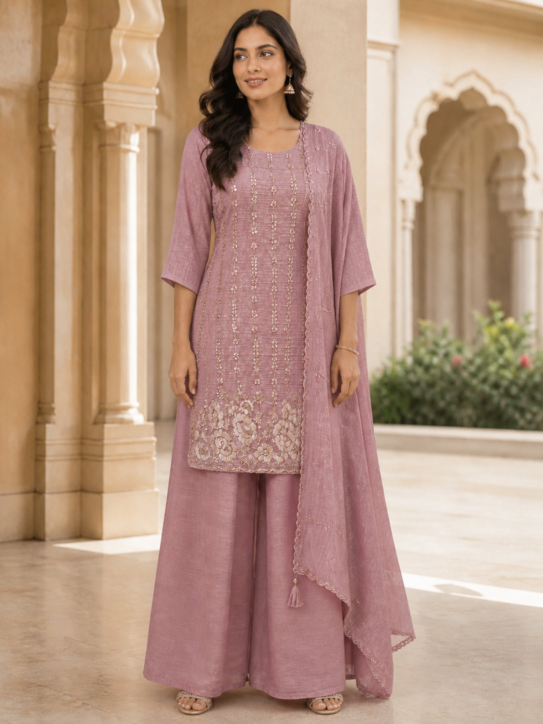 Peachmode Dusty Pink Silk Blend Sequins Embellished Palazzo Salwar Suit - Image 2