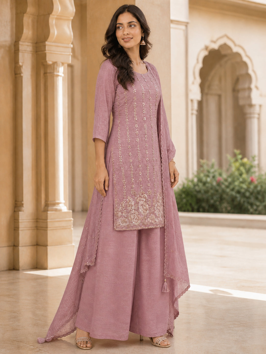 Peachmode Dusty Pink Silk Blend Sequins Embellished Palazzo Salwar Suit - Image 3