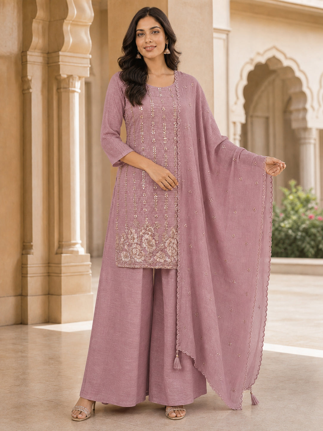 Peachmode Dusty Pink Silk Blend Sequins Embellished Palazzo Salwar Suit - Image 5