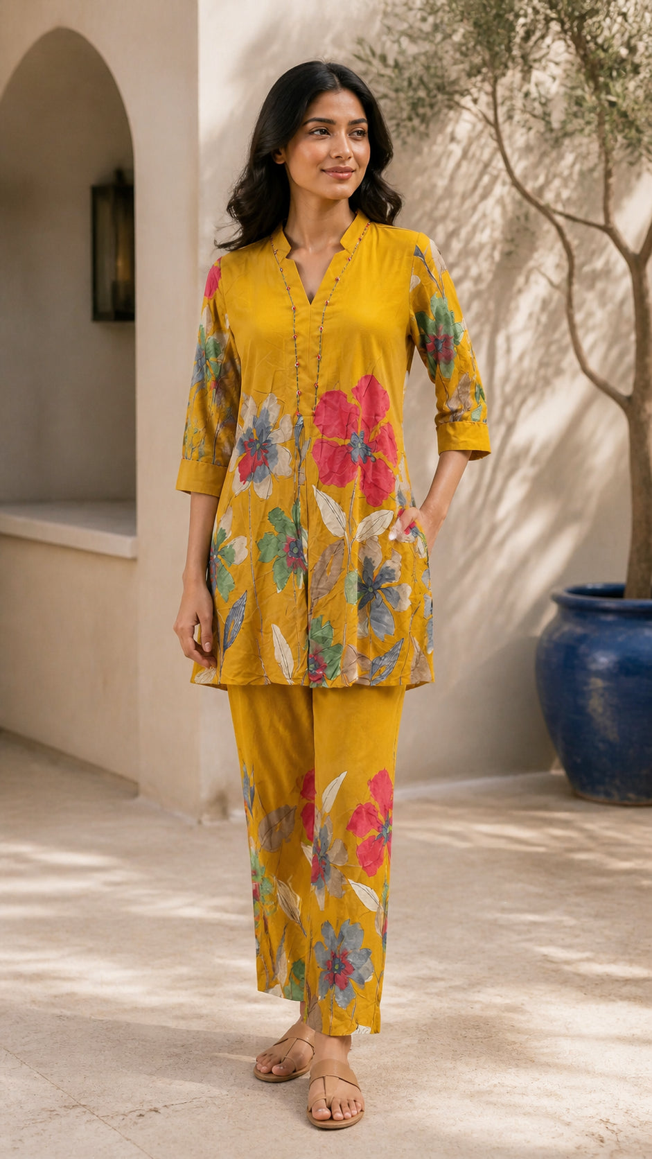 Peachmode Mustard Rayon Floral Printed Co-ord Set - Image 1