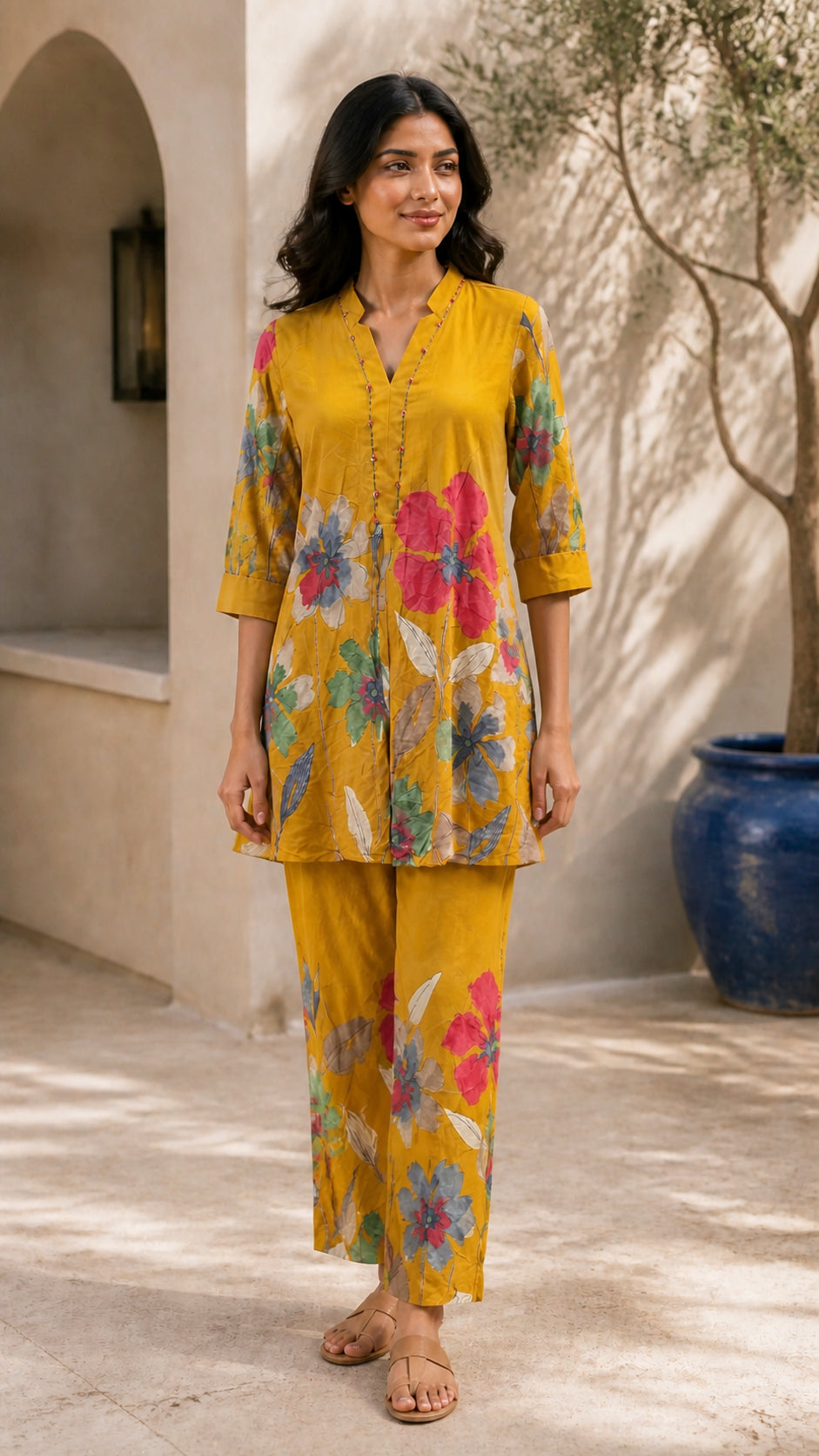 Peachmode Mustard Rayon Floral Printed Co-ord Set - Image 2