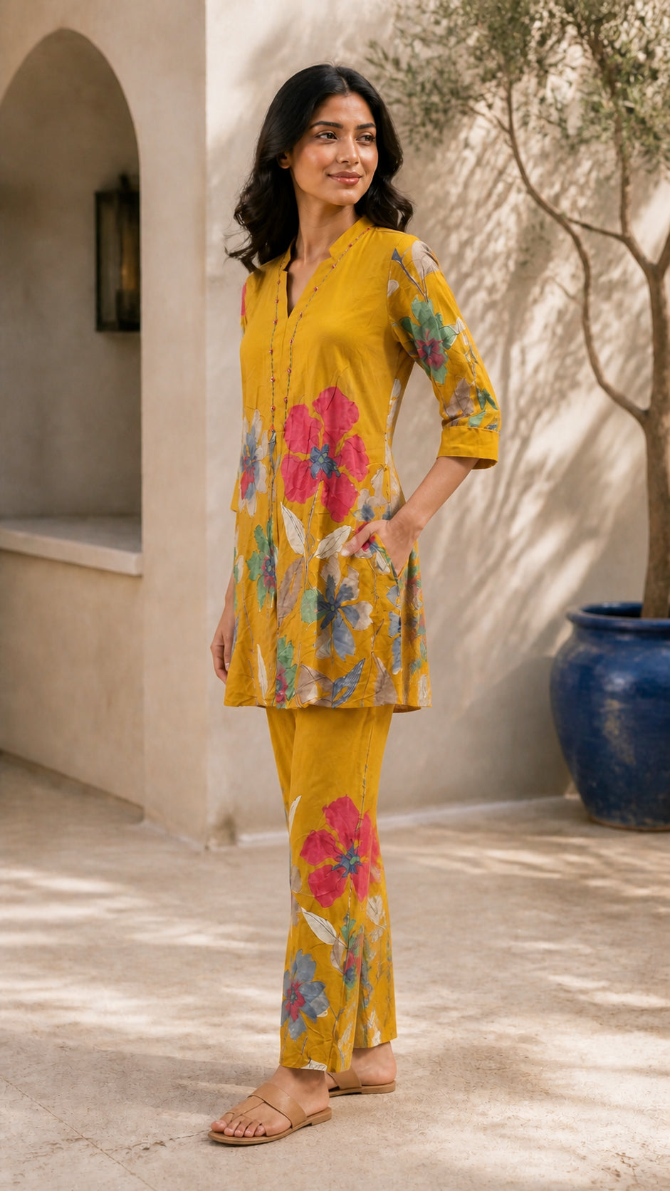 Peachmode Mustard Rayon Floral Printed Co-ord Set - Image 3