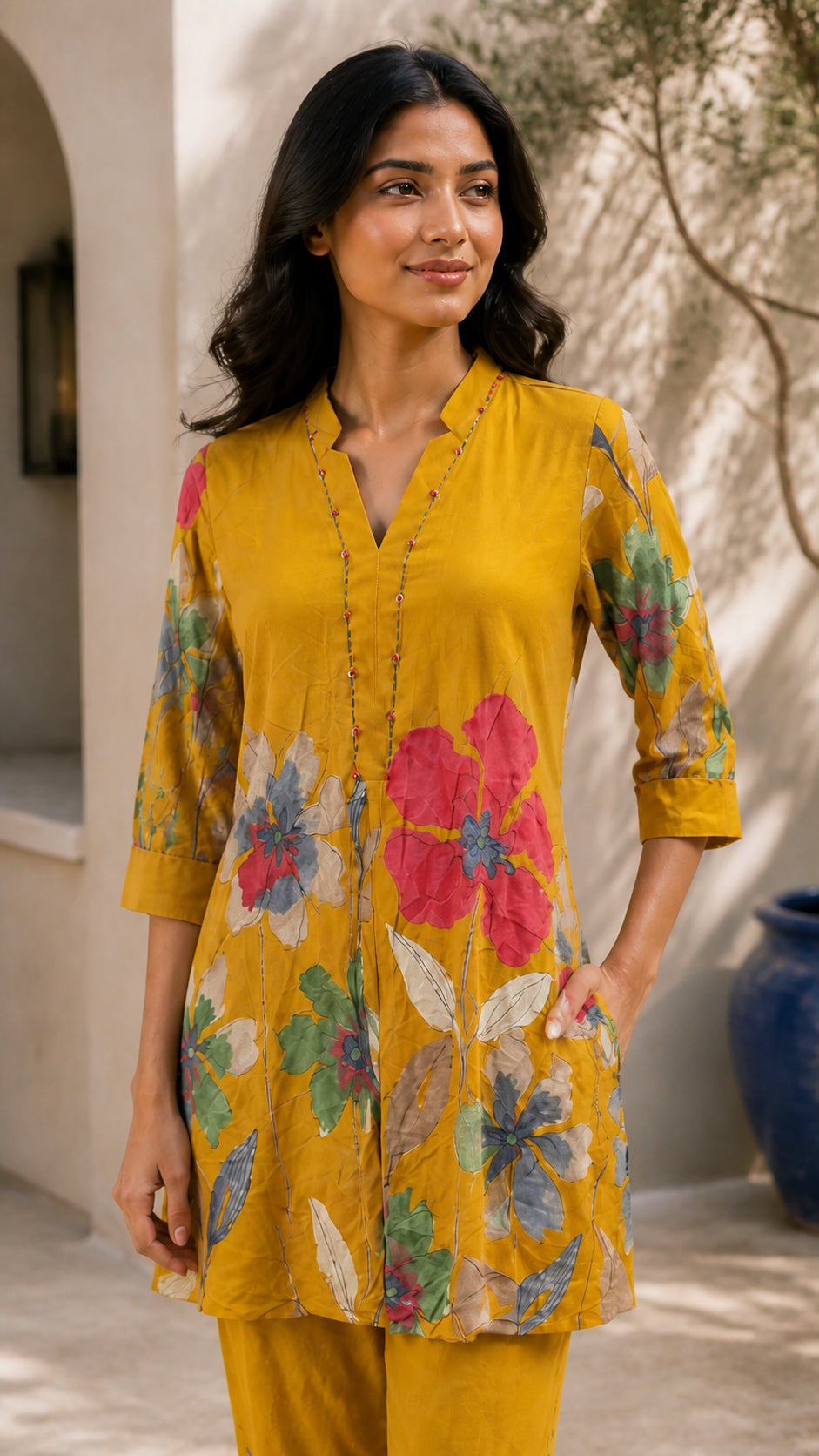 Peachmode Mustard Rayon Floral Printed Co-ord Set - Image 5