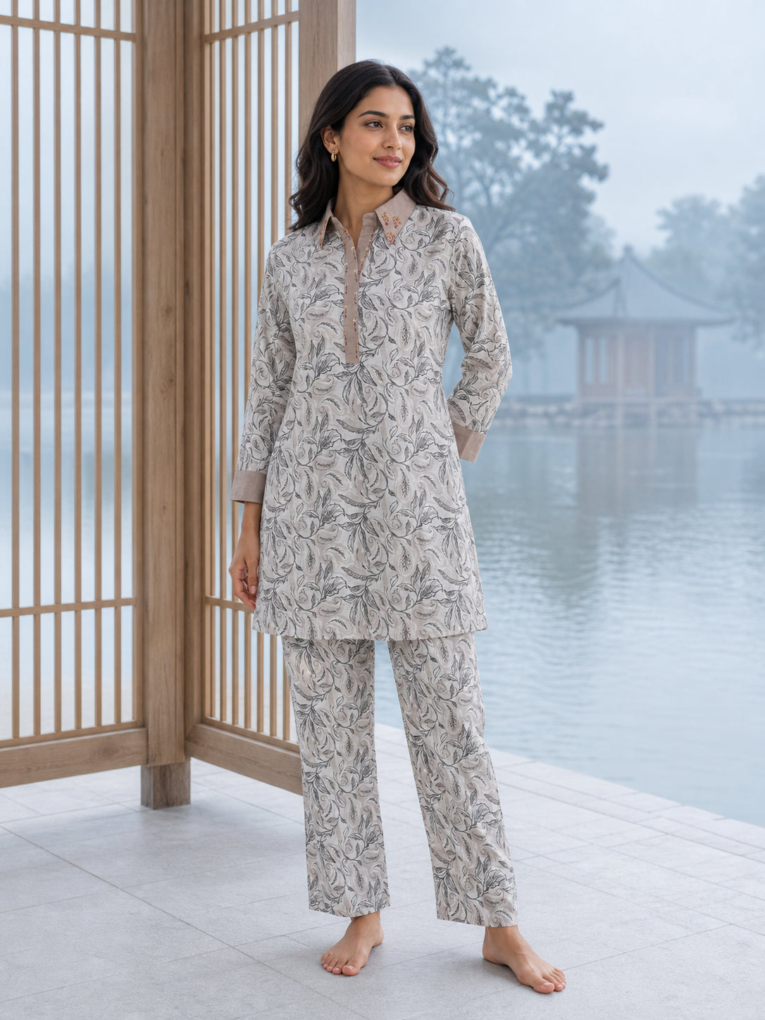 Peachmode Off White Cotton Botanical Printed Co-ord Set - Image 1