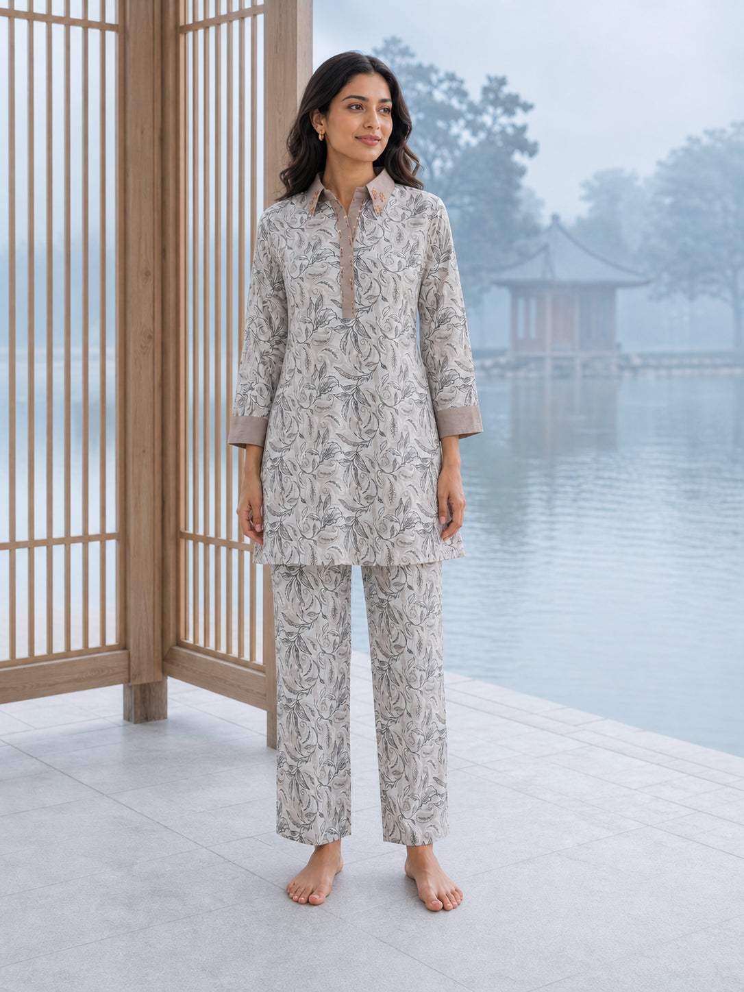 Peachmode Off White Cotton Botanical Printed Co-ord Set - Image 2