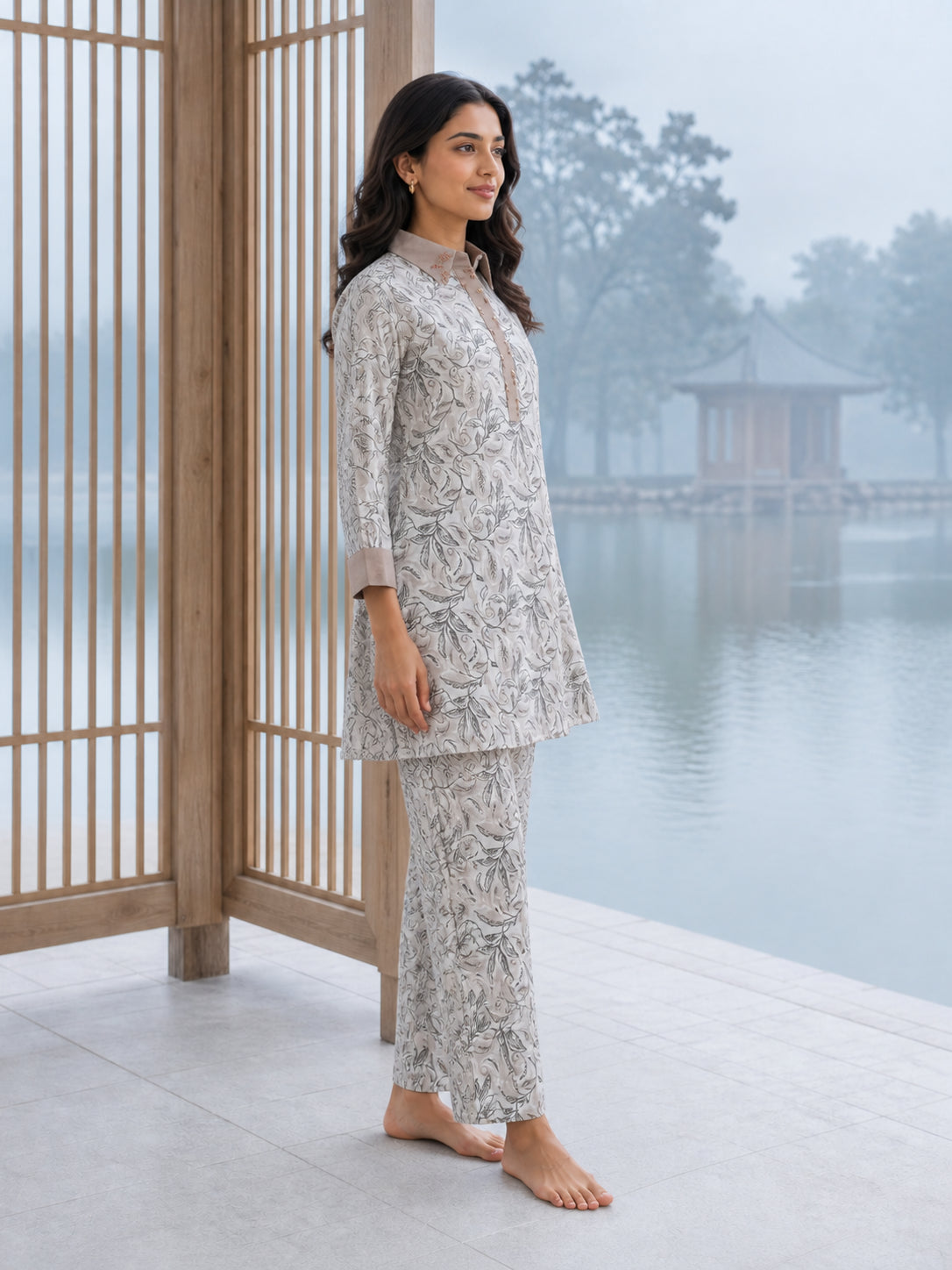 Peachmode Off White Cotton Botanical Printed Co-ord Set - Image 3