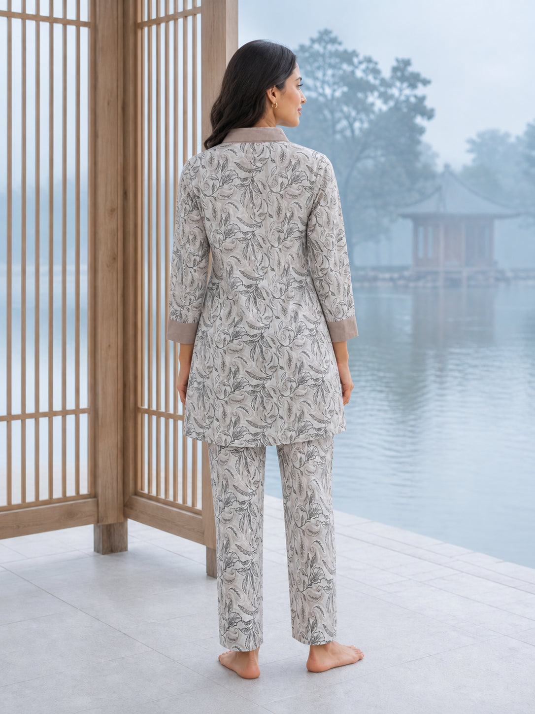Peachmode Off White Cotton Botanical Printed Co-ord Set - Image 4
