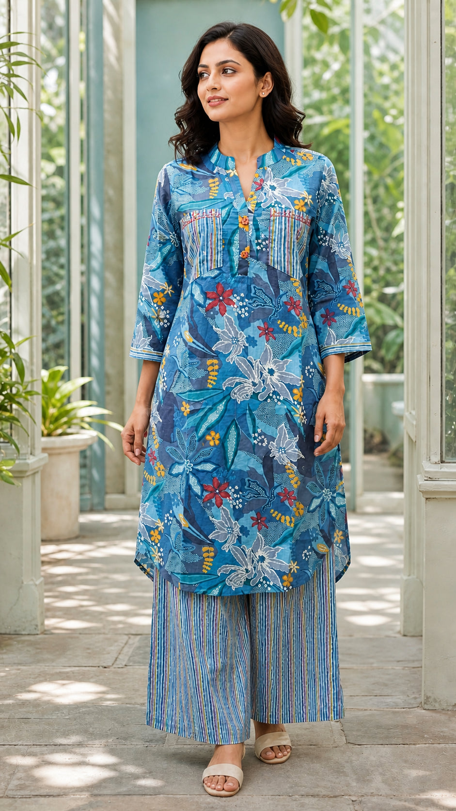 Peachmode Blue Cotton Botanical Printed Palazzo Co-ord Set - Image 2
