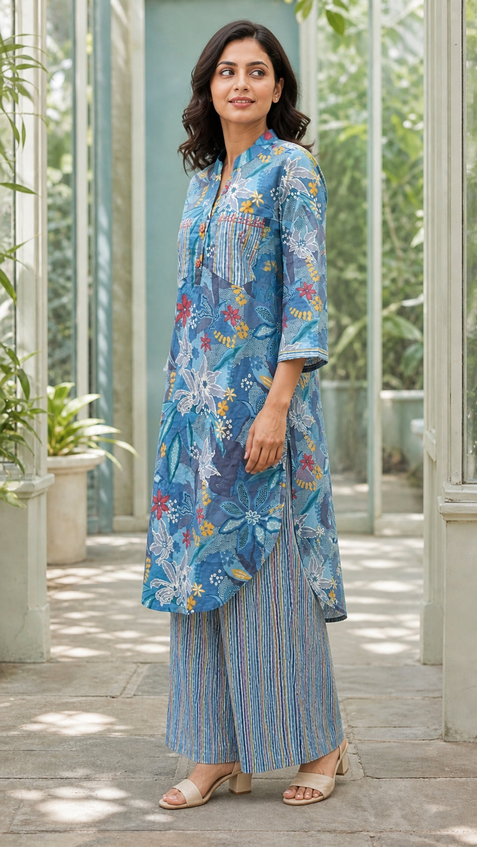 Peachmode Blue Cotton Botanical Printed Palazzo Co-ord Set - Image 3