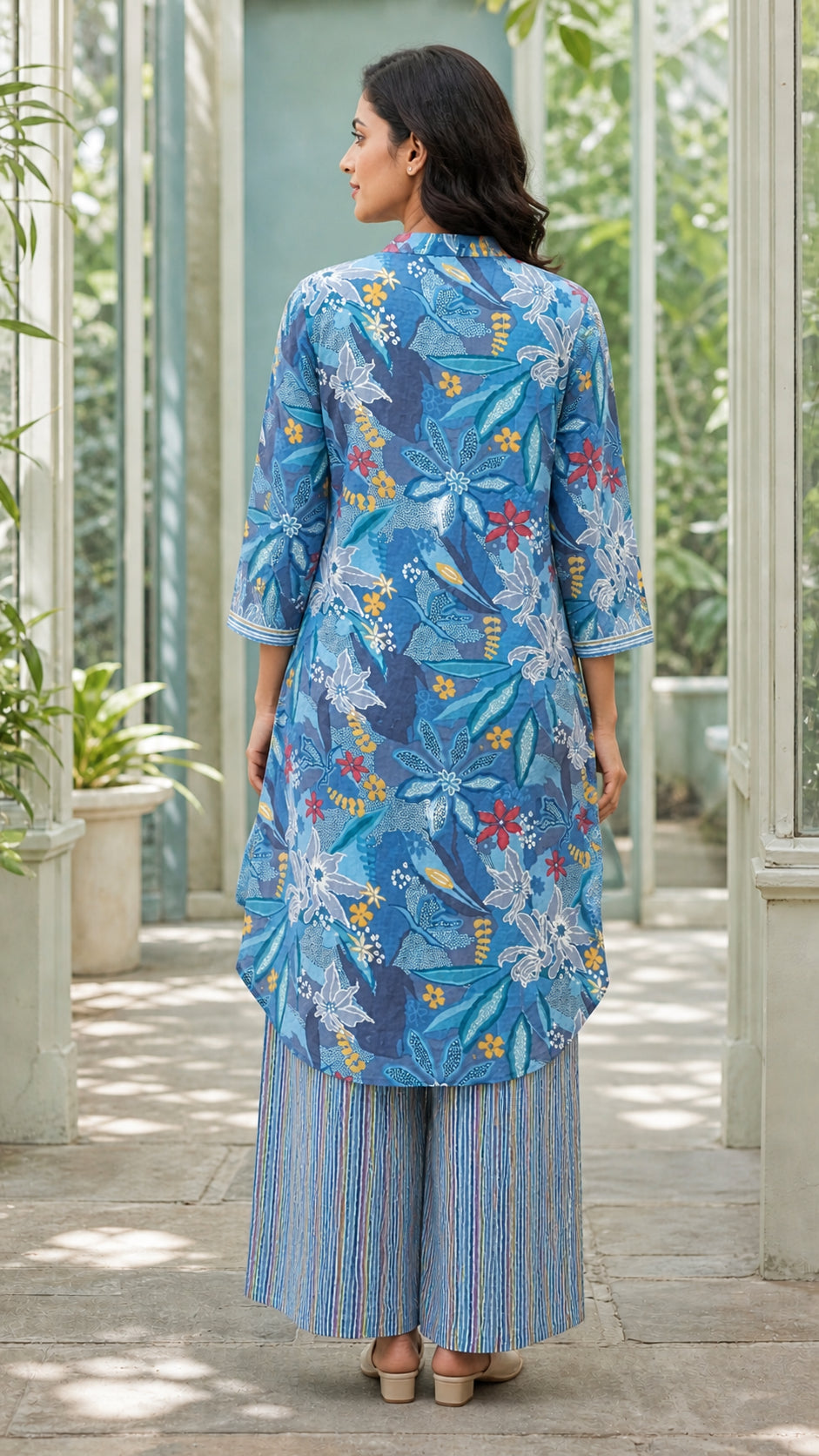 Peachmode Blue Cotton Botanical Printed Palazzo Co-ord Set - Image 4