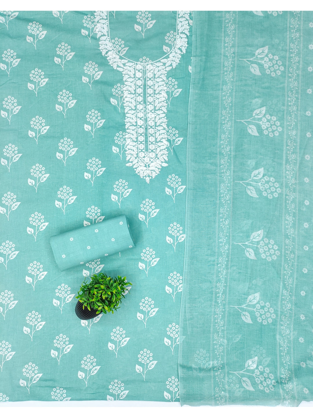 Peachmode Turquoise Floral Unstitched Dress Material - Image 3