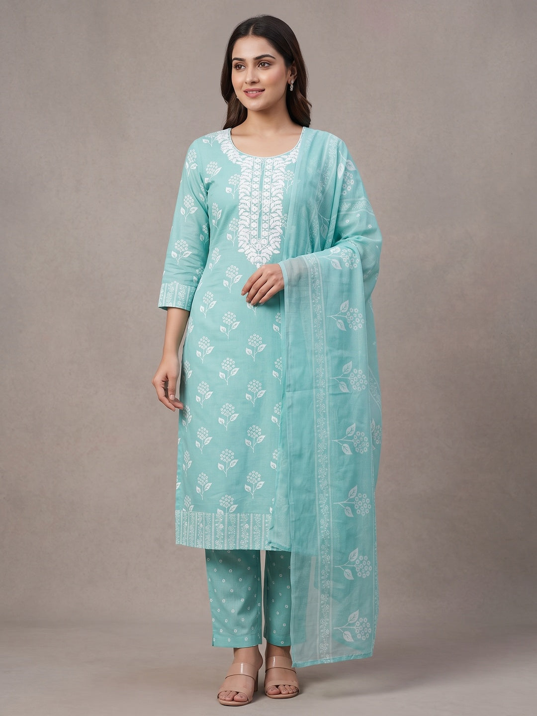 Peachmode Turquoise Floral Unstitched Dress Material - Image 2