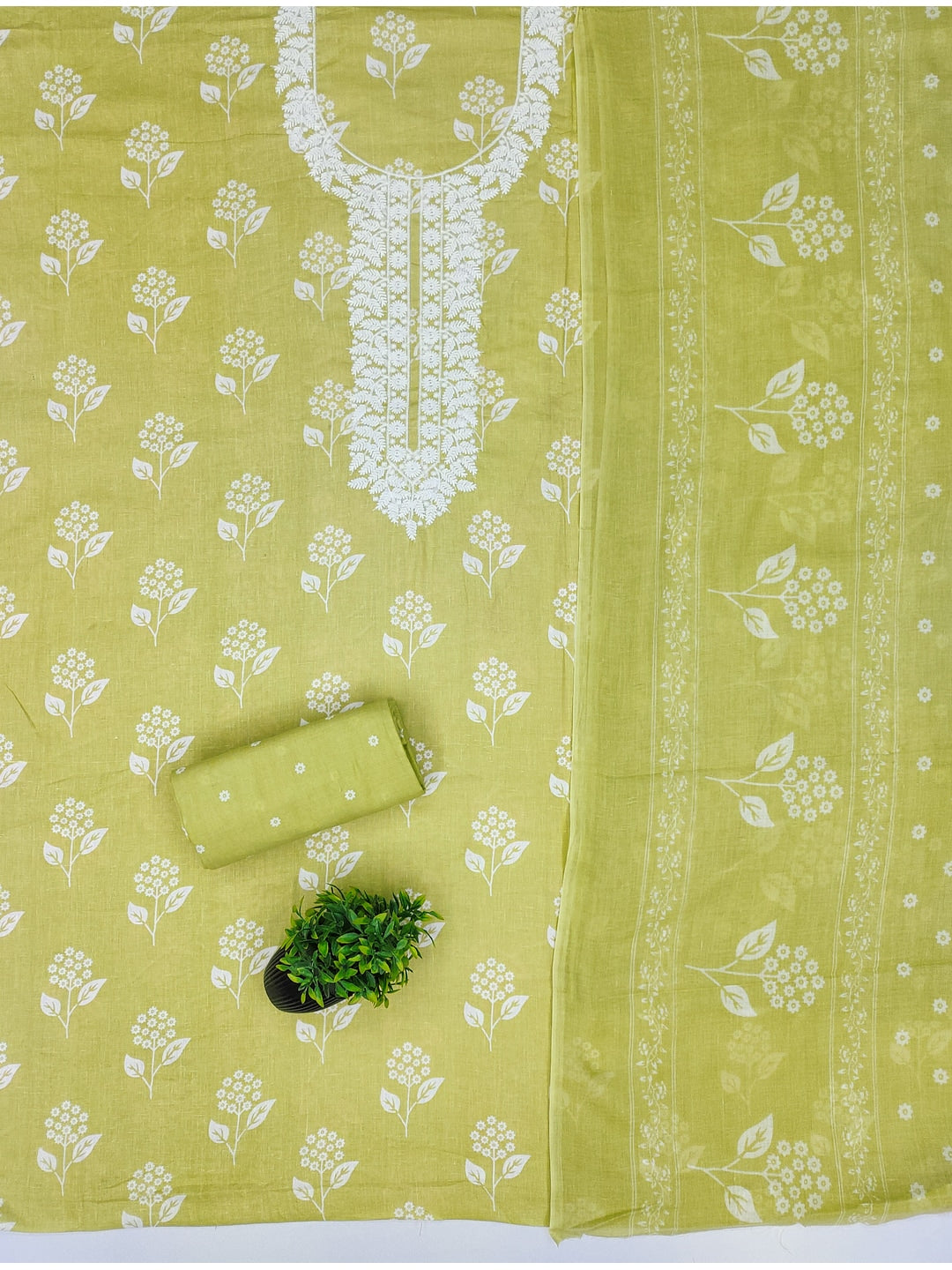 Peachmode Lime Green Floral Unstitched Dress Material - Image 3