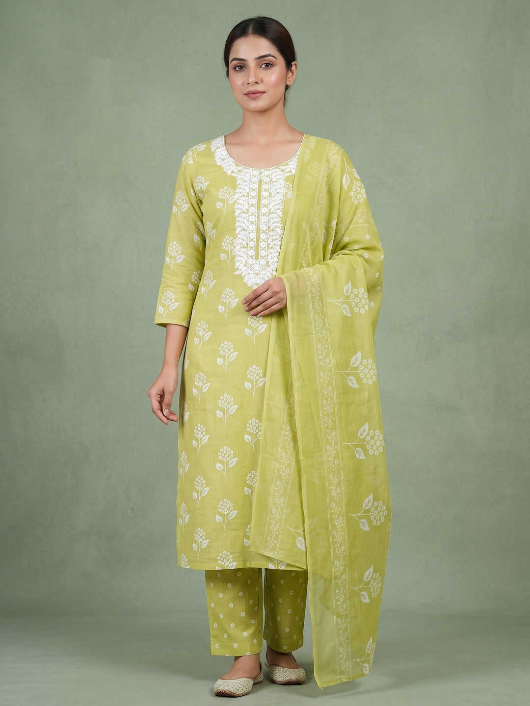 Peachmode Lime Green Floral Unstitched Dress Material - Image 2