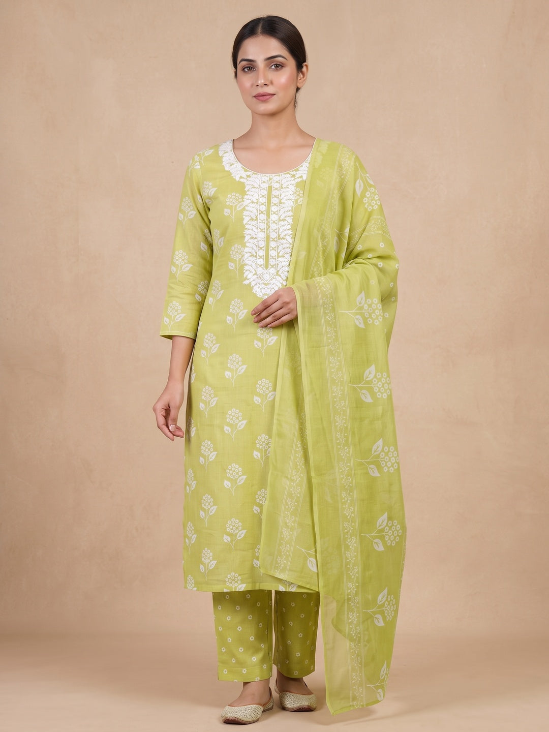 Peachmode Lime Green Floral Unstitched Dress Material - Image 4