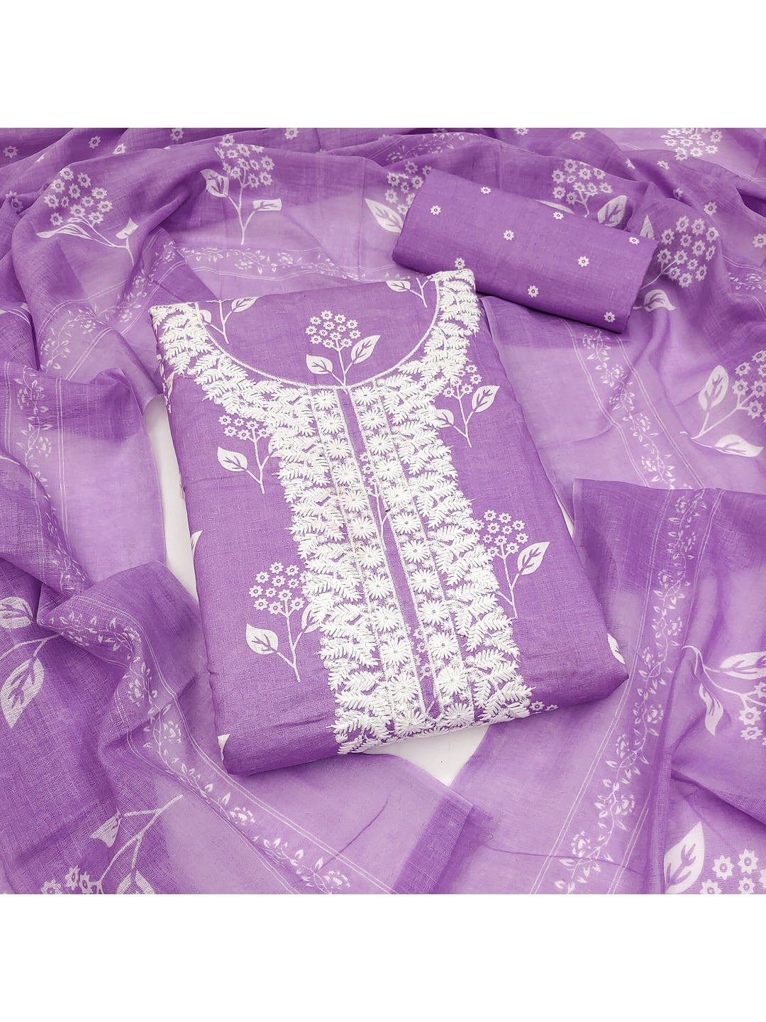 Peachmode Lavender Floral Unstitched Dress Material - Image 1