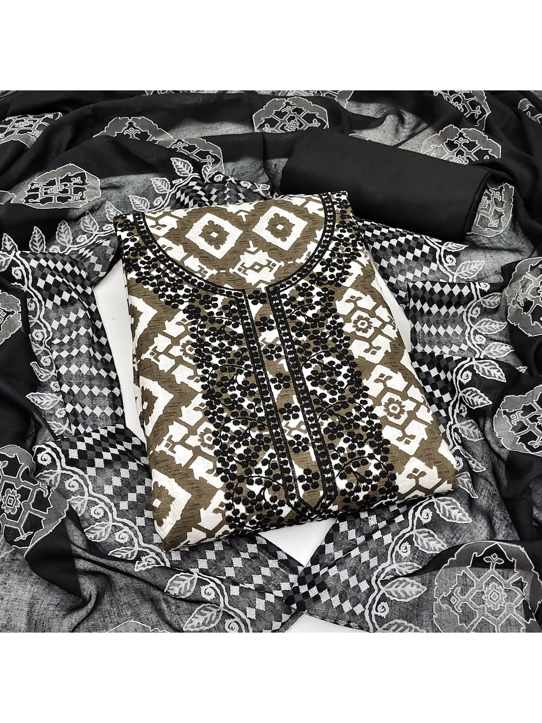 Peachmode Brown Geometric Unstitched Dress Material - Image 1