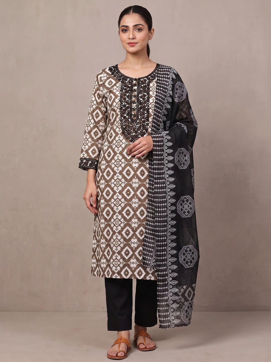 Peachmode Brown Geometric Unstitched Dress Material - Image 4