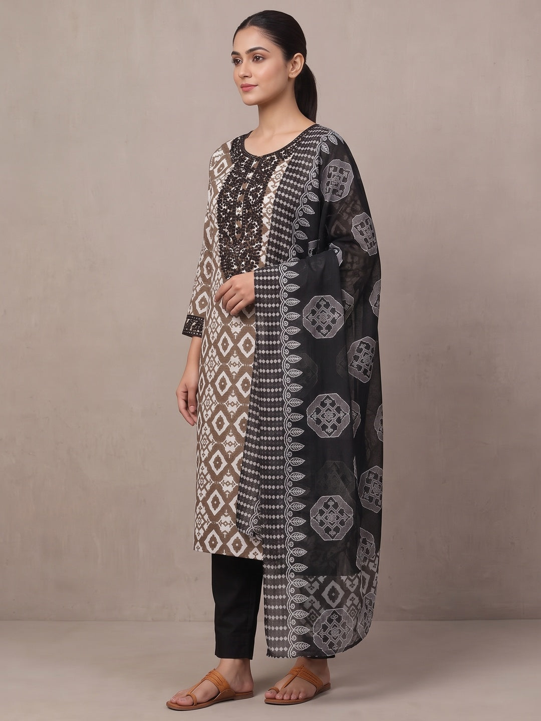 Peachmode Brown Geometric Unstitched Dress Material - Image 5