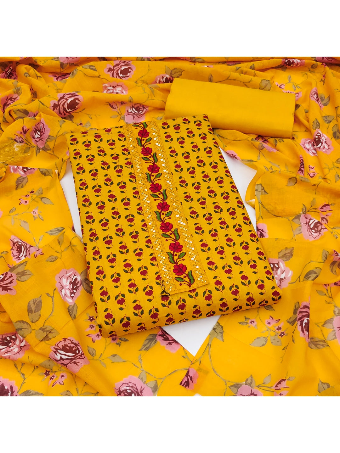 Peachmode Mustard Floral Unstitched Dress Material - Image 1
