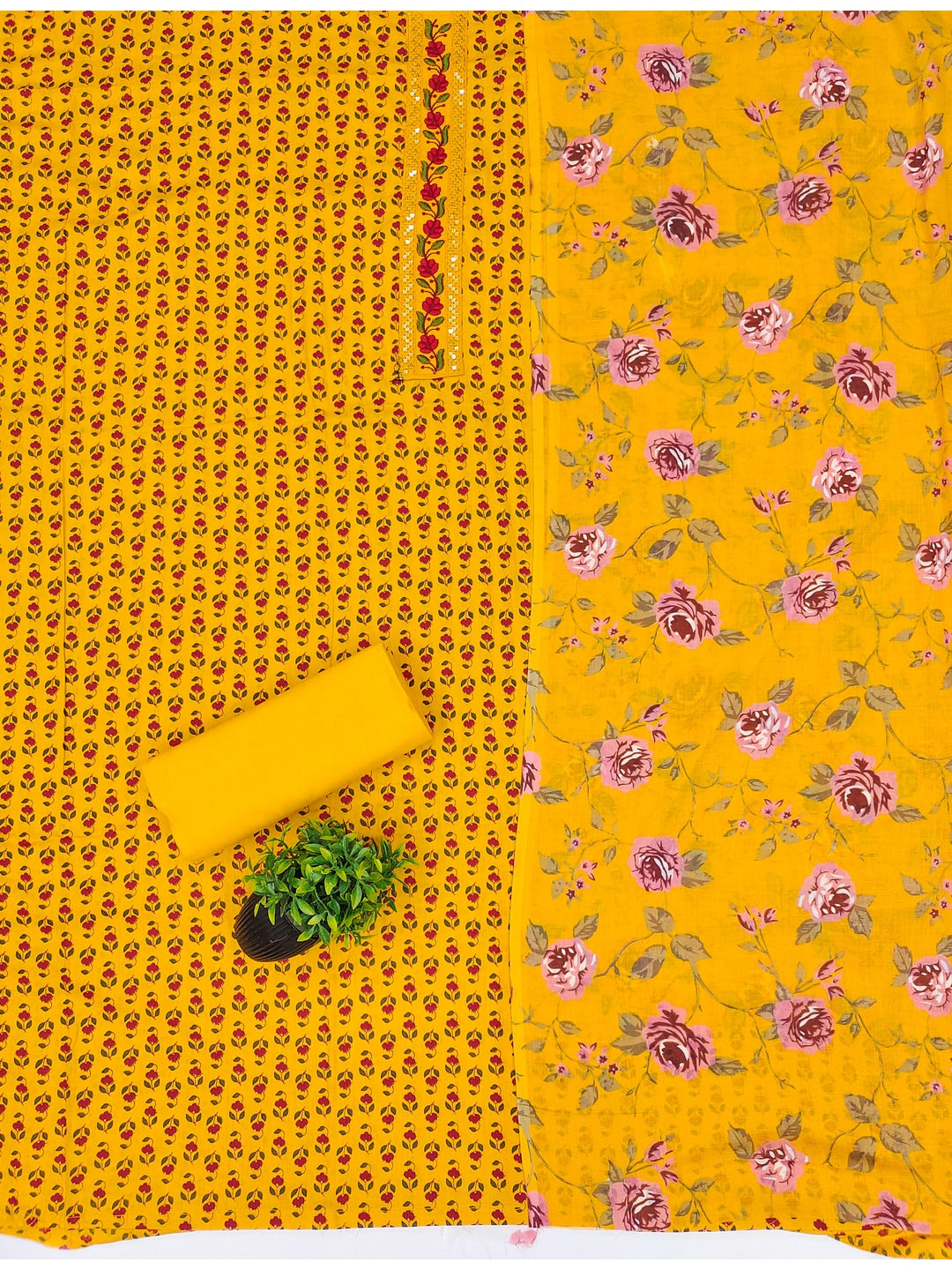 Peachmode Mustard Floral Unstitched Dress Material - Image 3