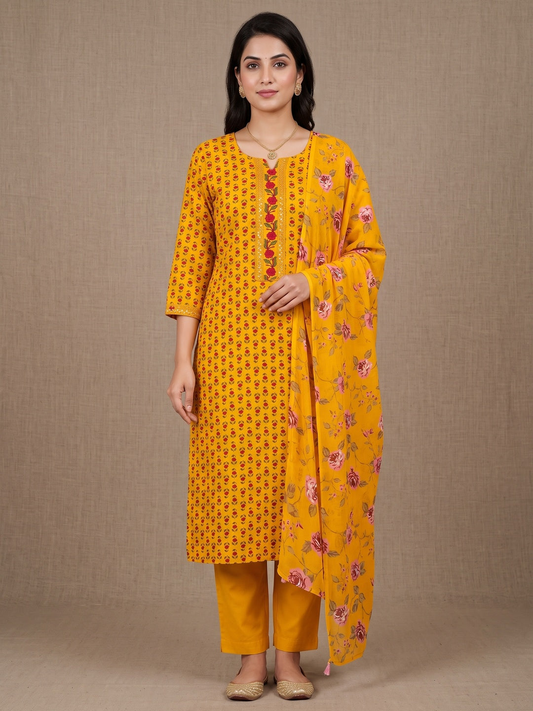 Peachmode Mustard Floral Unstitched Dress Material - Image 2