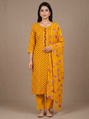 Peachmode Mustard Floral Unstitched Dress Material - Image 2