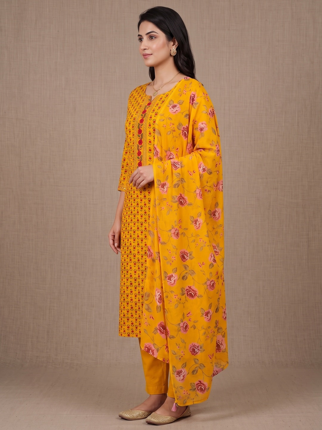 Peachmode Mustard Floral Unstitched Dress Material - Image 5