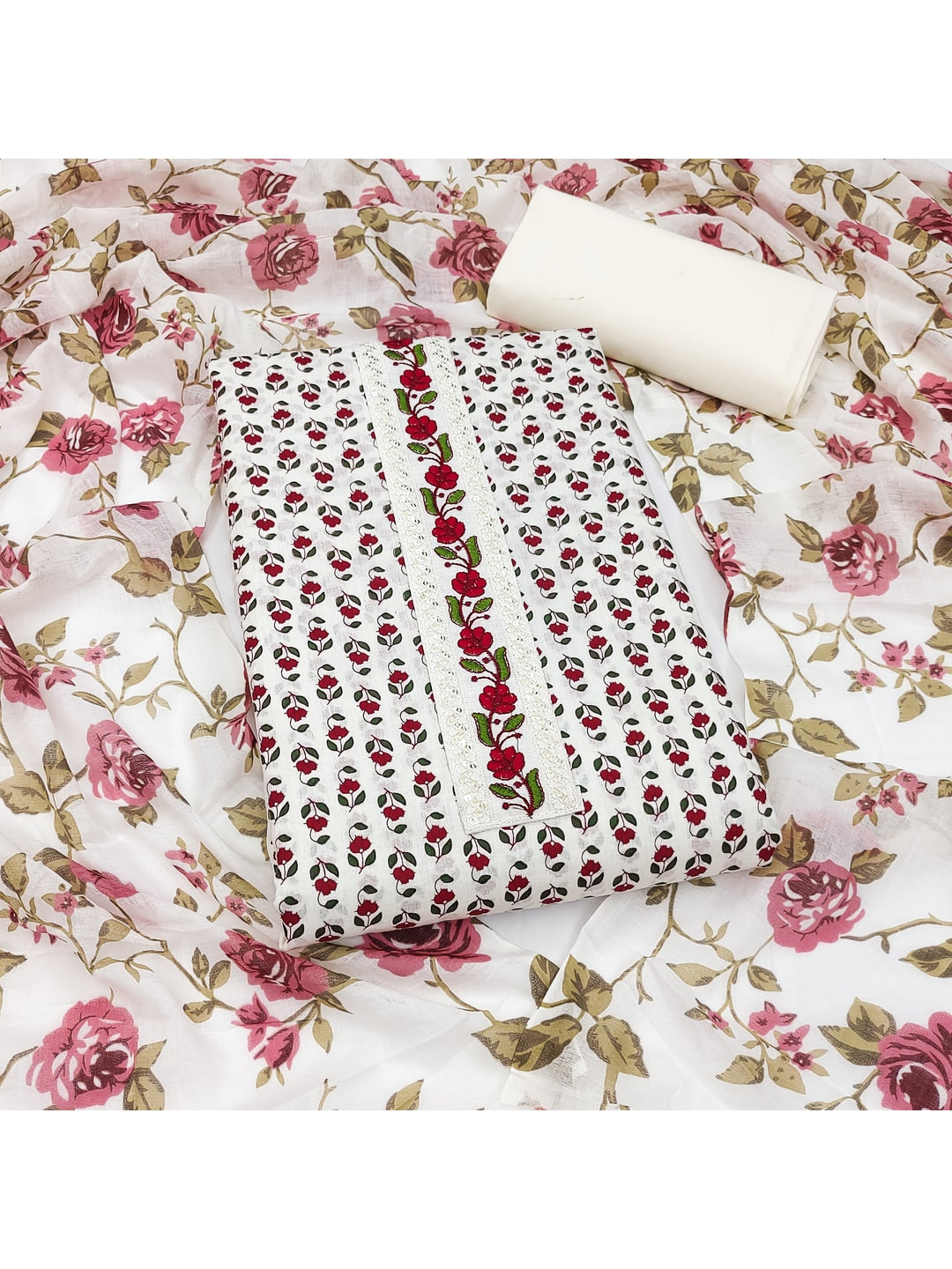 Peachmode White Floral Unstitched Dress Material - Image 1
