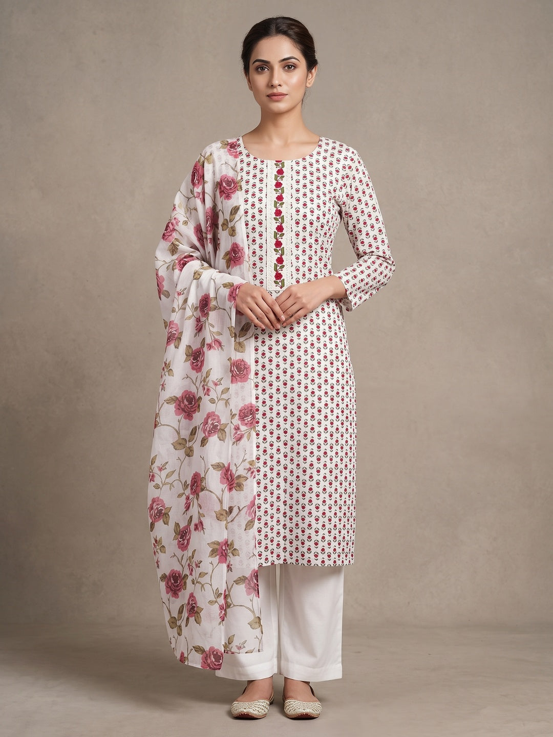 Peachmode White Floral Unstitched Dress Material - Image 2